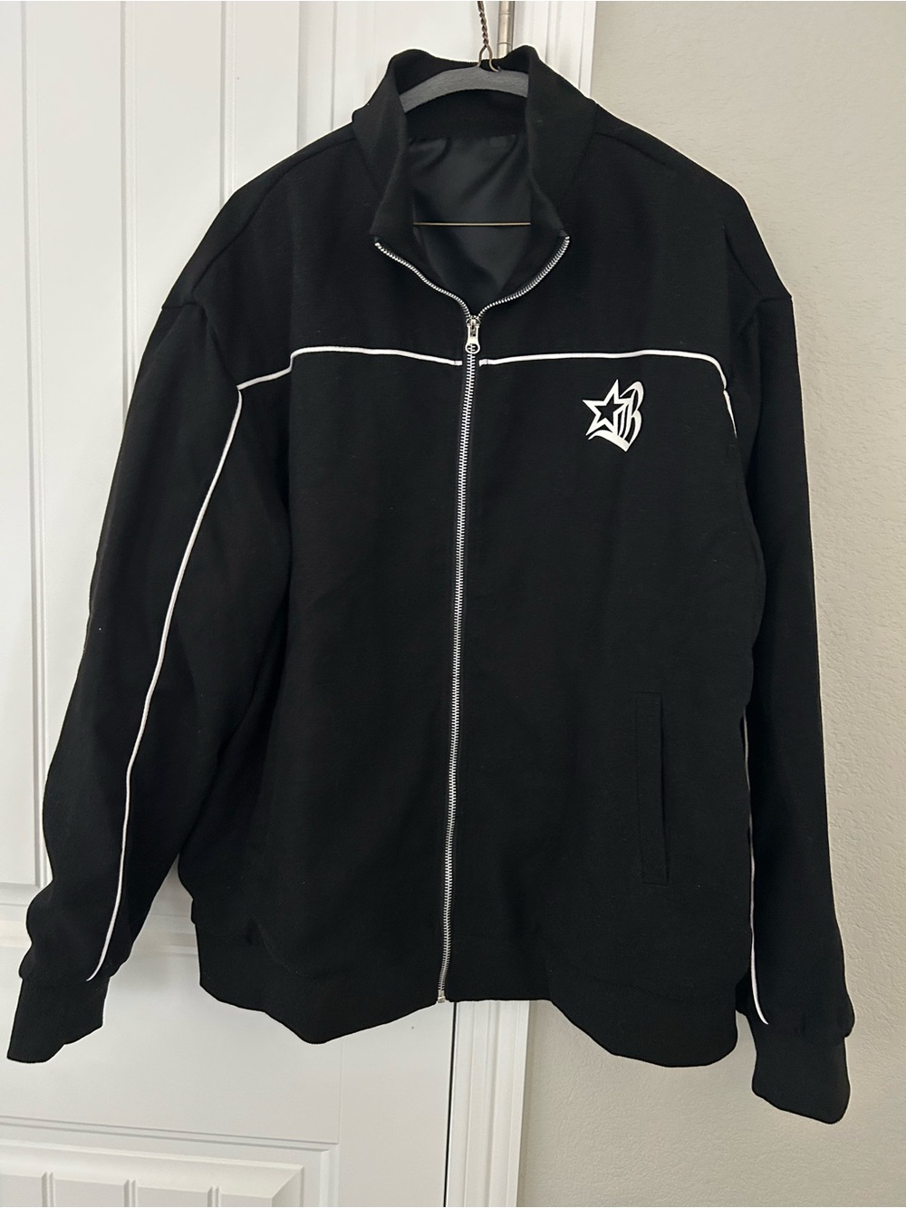 Black Zip-Up Track Jacket with White Piping